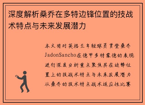 深度解析桑乔在多特边锋位置的技战术特点与未来发展潜力