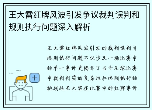 王大雷红牌风波引发争议裁判误判和规则执行问题深入解析